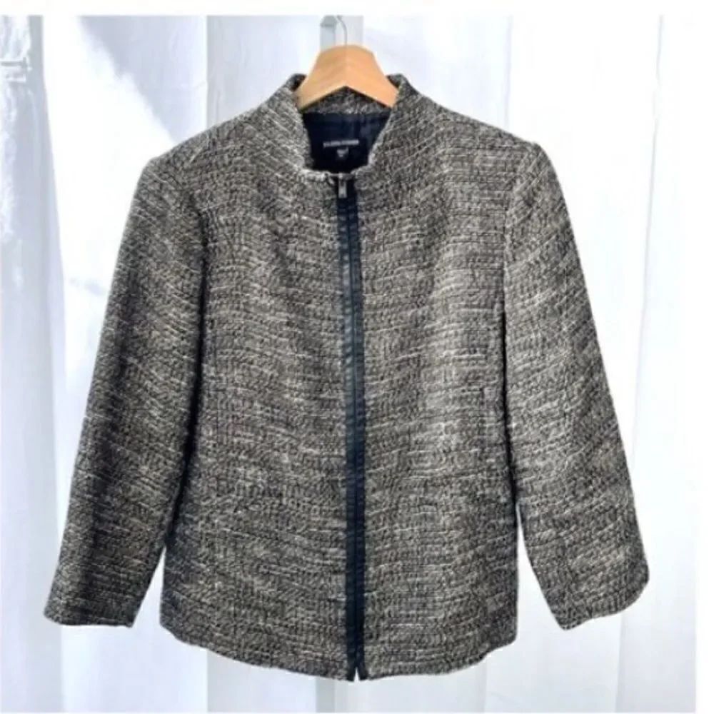 Eileen Fisher Women’s Size Medium Linen Tweed Leather Trim Zip Front Jacket Grey